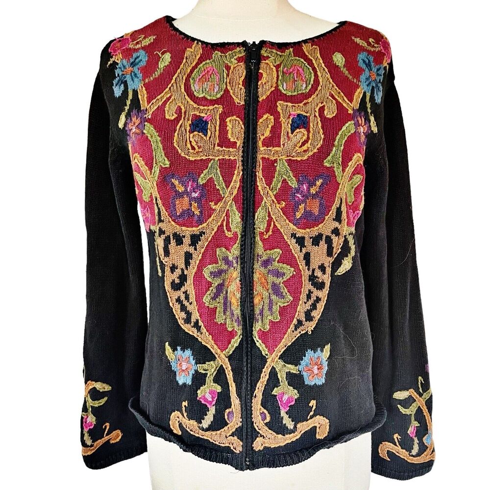 Vintage‎ Coldwater Creek Cardigan Sweater Full Zip Sz M Embroidered Boho Artsy
